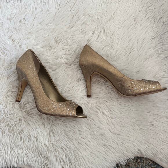 Style & Co Monae Peek A Boo Gold Rhinestone Heels Size 7M - Picture 2 of 9